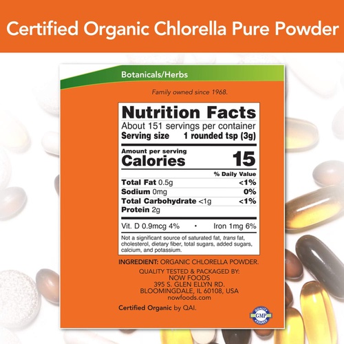  NOW Supplements, Organic Chlorella Powder with naturally occurring Chlorophyll, Beta-Carotene, mixed Carotenoids, Vitamin C, Iron and Protein, 1-Pound