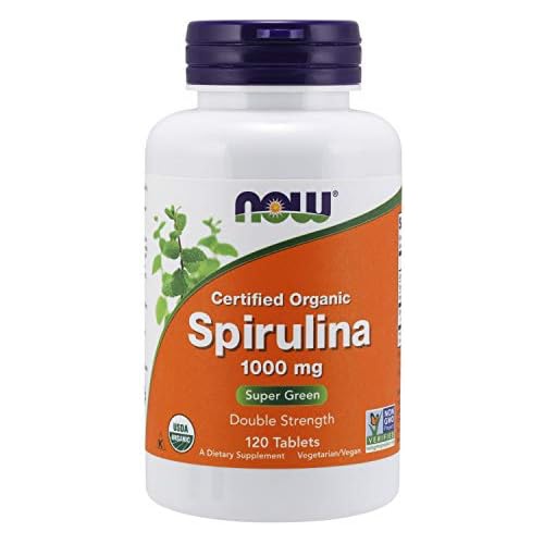  NOW Supplements, Certified Organic, Spirulina 1000 mg (Double Strength), Rich in Beta-Carotene (Vitamin A) and B-12 with naturally occurring GLA , 120 Tablets