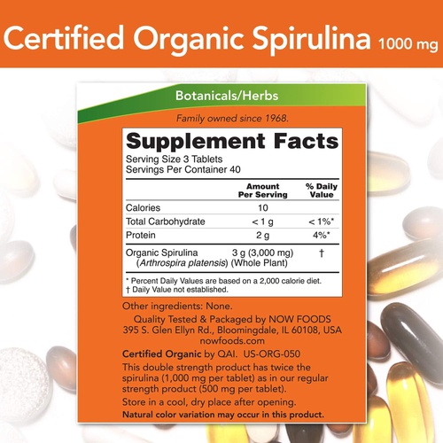  NOW Supplements, Certified Organic, Spirulina 1000 mg (Double Strength), Rich in Beta-Carotene (Vitamin A) and B-12 with naturally occurring GLA , 120 Tablets