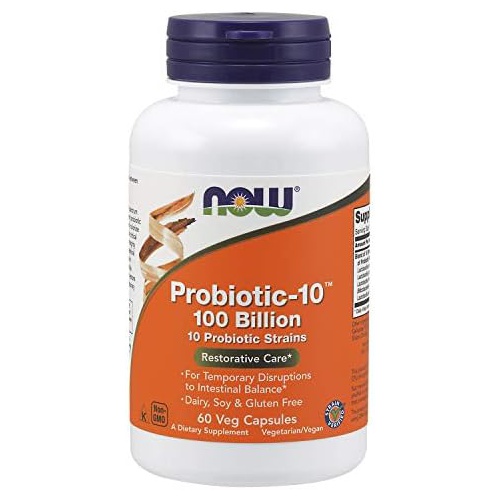  NOW Supplements, Probiotic-10, 100 Billion, with 10 Probiotic Strains,Dairy, Soy and Gluten Free, Strain Verified, 60 Veg Capsules