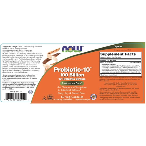  NOW Supplements, Probiotic-10, 100 Billion, with 10 Probiotic Strains,Dairy, Soy and Gluten Free, Strain Verified, 60 Veg Capsules