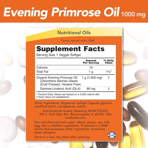  NOW Supplements, Evening Primrose Oil 1000 mg, Cold Pressed, Hexane Free, Vegan Formula, 90 Veg Softgels