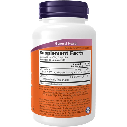  NOW Supplements, Magtein with patented form of Magnesium (Mg), Cognitive Support*, 90 Veg Capsules