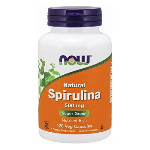  NOW Supplements, Natural Spirulina 500 mg with Beta-Carotene (Vitamin A) and Vitamin B-12, and naturally occurring Protein and GLA (Gamma Linolenic Acid), 120 Veg Capsules