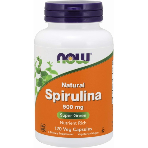  NOW Supplements, Natural Spirulina 500 mg with Beta-Carotene (Vitamin A) and Vitamin B-12, and naturally occurring Protein and GLA (Gamma Linolenic Acid), 120 Veg Capsules