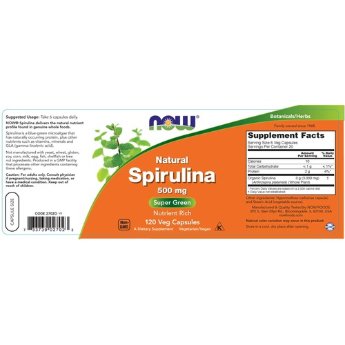  NOW Supplements, Natural Spirulina 500 mg with Beta-Carotene (Vitamin A) and Vitamin B-12, and naturally occurring Protein and GLA (Gamma Linolenic Acid), 120 Veg Capsules