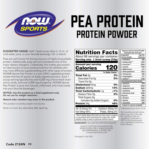  NOW Sports Nutrition, Pea Protein 24 g, Fast Absorbing, Unflavored Powder, 7-Pound