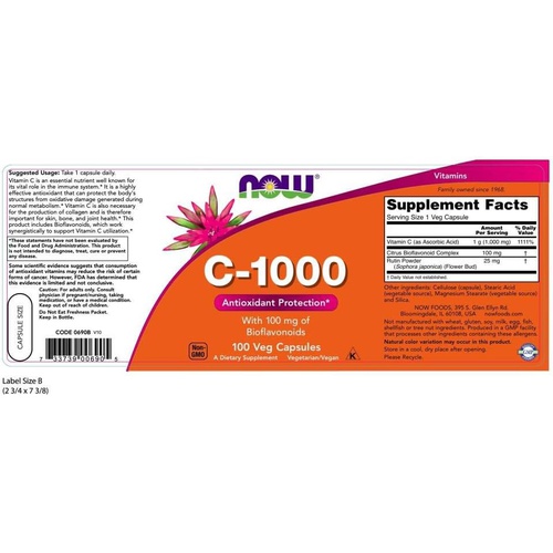  NOW Supplements, Vitamin C-1,000 with 100 mg of Bioflavonoids, Antioxidant Protection*, 100 Veg Capsules