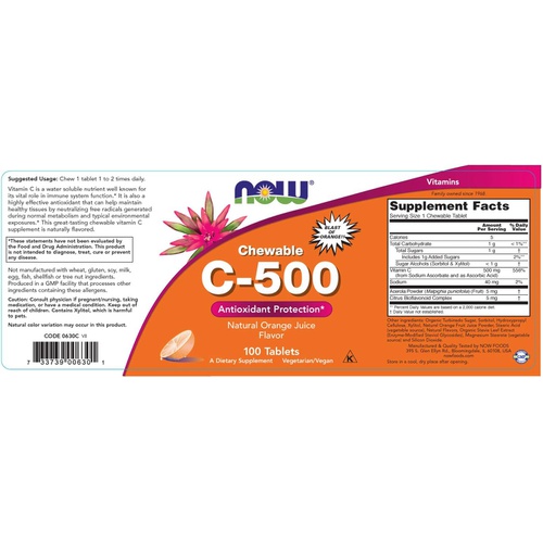  NOW Supplements, Vitamin C-500, Antioxidant Protection*, Orange Juice Flavor, 100 Chewable Lozenges