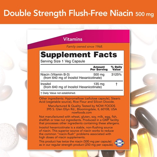  NOW Supplements, Niacin (Vitamin B-3) 500 mg, Flush-Free, Double Strength, Nutritional Health, 90 Veg Capsules