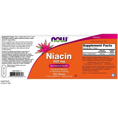  NOW Supplements, Niacin (Vitamin B-3) 500 mg, Sustained Release, Nutritional Health, 250 Tablets