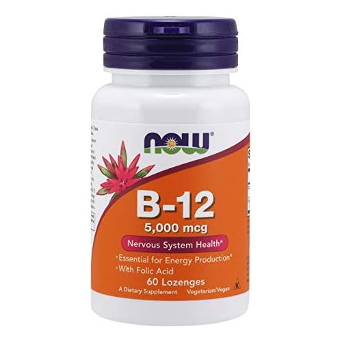  NOW Supplements, Vitamin B-12 5,000 mcg, With Folic Acid, Nervous System Health*, 60 Lozenges