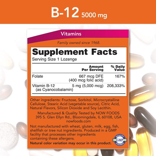  NOW Supplements, Vitamin B-12 5,000 mcg, With Folic Acid, Nervous System Health*, 60 Lozenges