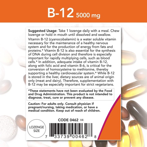  NOW Supplements, Vitamin B-12 5,000 mcg, With Folic Acid, Nervous System Health*, 60 Lozenges