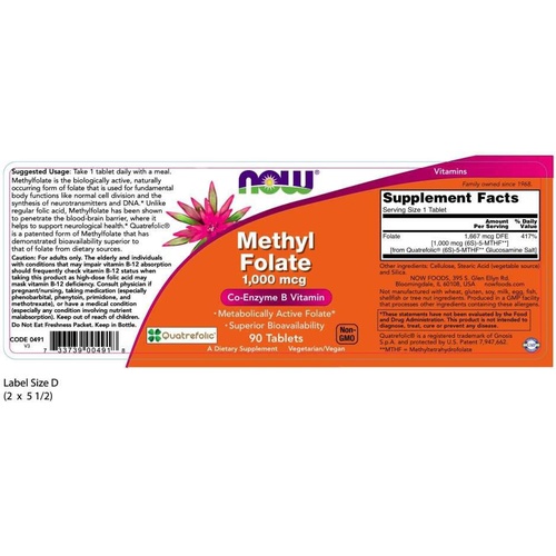  NOW Supplements, Methyl Folate 1,000 mcg, Metabolically Active Folate*, Co-Enzyme B Vitamin, 90 Tablets