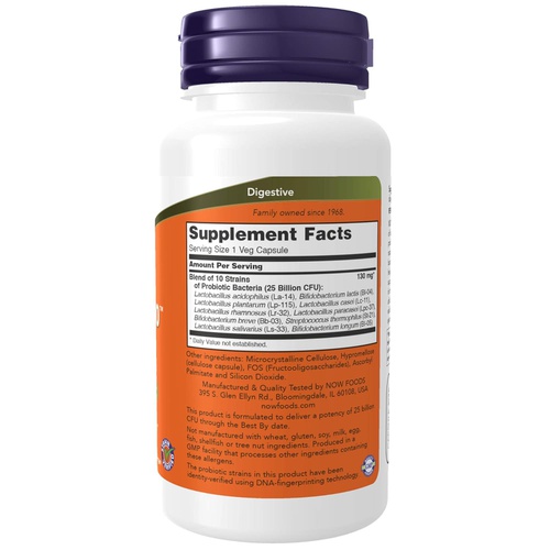  NOW Supplements, Probiotic-10, 25 Billion, with 10 Probiotic Strains, Dairy, Soy and Gluten Free, Strain Verified, 100 Veg Capsules