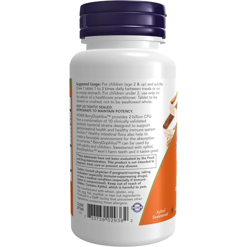  NOW Supplements, BerryDophilus with 2 Billion, 10 Probiotic Strains, Xylitol Sweetened, Strain Verified, 60 Chewables, packaging may vary