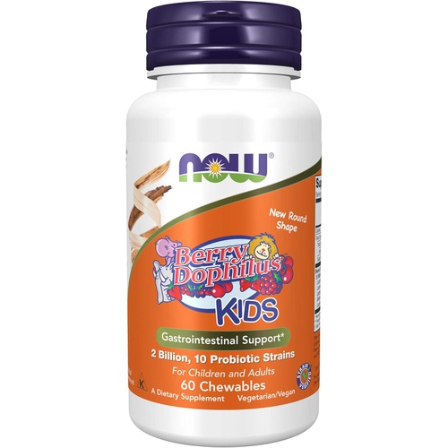  NOW Supplements, BerryDophilus with 2 Billion, 10 Probiotic Strains, Xylitol Sweetened, Strain Verified, 60 Chewables, packaging may vary