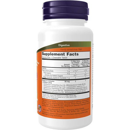  NOW Supplements, BerryDophilus with 2 Billion, 10 Probiotic Strains, Xylitol Sweetened, Strain Verified, 60 Chewables, packaging may vary