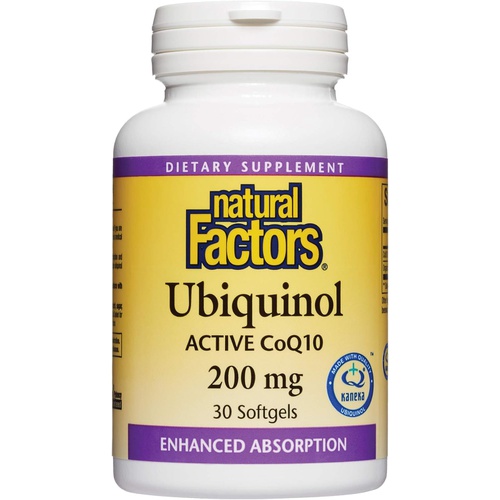  Natural Factors, Ubiquinol Active CoQ10 200mg, Coenzyme Q10 Supplement for Energy, Heart and Cognitive Support, 30 softgels (30 servings)