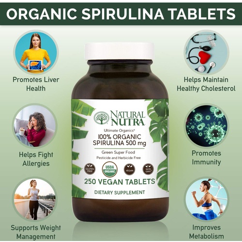  Natural Nutra 100% USDA Organic Spirulina Tablets, Blue Green Algae Protein Pills with Rich Minerals, Vitamins, Amino Acids, Carotenoids, Antioxidants and EFAs, 500 mg, 250 Vegan T