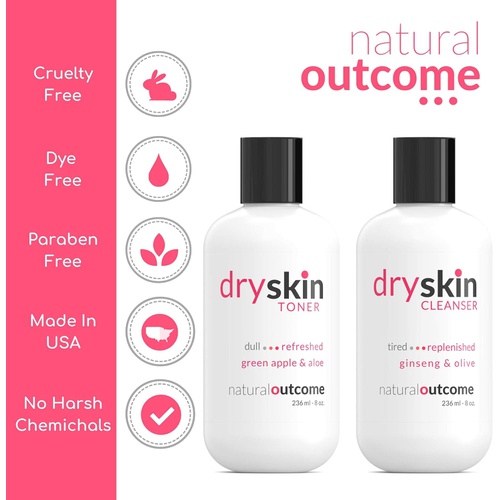  Dry Skin Cleanser and Toner Set by Natural Outcome Skincare - Replenishing Face Wash, Refreshing Facial Toner