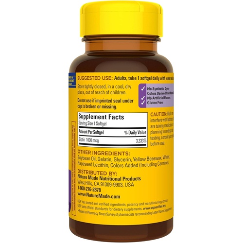  Nature Made Biotin 1000 mcg, Dietary Supplement Supports Healthy Hair & Skin, 120 Softgels, 120 Day Supply