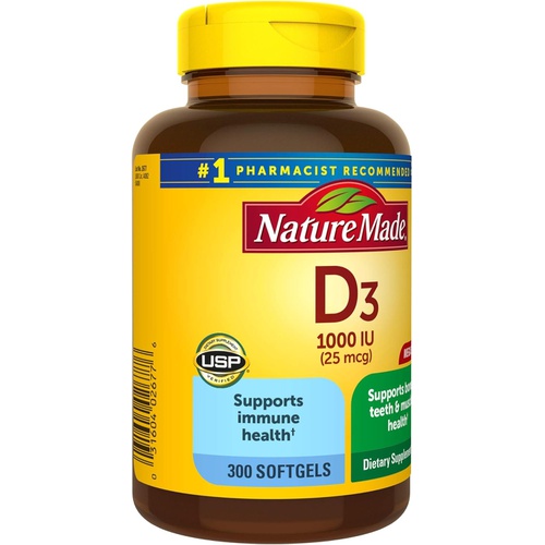  Nature Made Vitamin D3 1000 IU (25 mcg), Dietary Supplement for Bone, Teeth, Muscle and Immune Health Support, 300 Softgels, 300 Day Supply