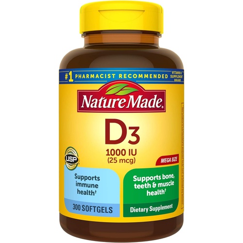  Nature Made Vitamin D3 1000 IU (25 mcg), Dietary Supplement for Bone, Teeth, Muscle and Immune Health Support, 300 Softgels, 300 Day Supply