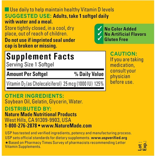  Nature Made Vitamin D3 1000 IU (25 mcg), Dietary Supplement for Bone, Teeth, Muscle and Immune Health Support, 300 Softgels, 300 Day Supply