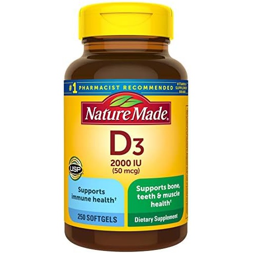  Nature Made Vitamin D3 2000 IU (50 mcg), Dietary Supplement for Bone, Teeth, Muscle and Immune Health Support, 250 Softgels, 250 Day Supply