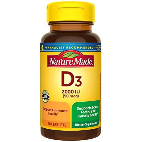  Nature Made Vitamin D3 2000 IU (50 mcg), Dietary Supplement for Bone, Teeth, Muscle and Immune Health Support, 100 Tablets, 100 Day Supply