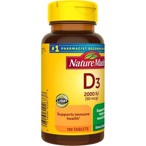  Nature Made Vitamin D3 2000 IU (50 mcg), Dietary Supplement for Bone, Teeth, Muscle and Immune Health Support, 100 Tablets, 100 Day Supply