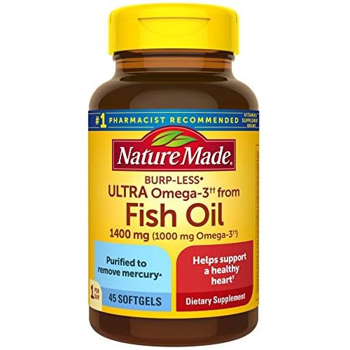  Nature Made Burp Less Ultra Omega 3 Fish Oil 1400 mg, Fish Oil Supplements, Omega 3 Supplement for Healthy Heart, Brain and Eyes Support, One Per Day, 45 Softgels