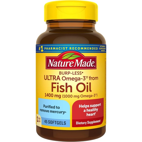  Nature Made Burp Less Ultra Omega 3 Fish Oil 1400 mg, Fish Oil Supplements, Omega 3 Supplement for Healthy Heart, Brain and Eyes Support, One Per Day, 45 Softgels