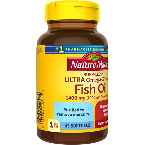  Nature Made Burp Less Ultra Omega 3 Fish Oil 1400 mg, Fish Oil Supplements, Omega 3 Supplement for Healthy Heart, Brain and Eyes Support, One Per Day, 45 Softgels