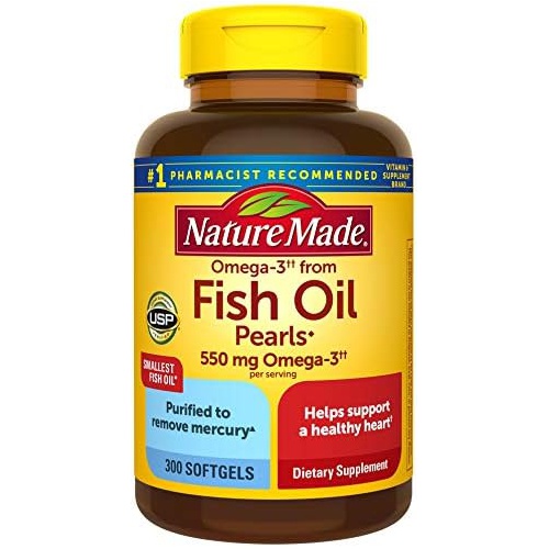  Nature Made Omega 3 Fish Oil Pearls 550 mg per serving, Small Size Fish Oil Supplements as Ethyl Esters, Omega 3 Supplement for Healthy Heart Support, 300 Softgels, 100 Day Supply