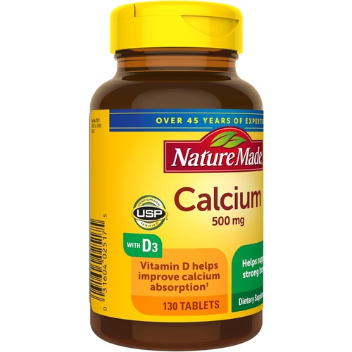  Nature Made Calcium 500 mg with Vitamin D3, Dietary Supplement for Bone Support, 130 Tablets