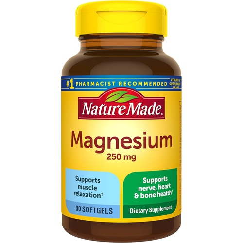  Nature Made Magnesium 250 mg, Dietary Supplement for Muscle, Heart, Bone and Nerve Support, 90 Softgels, 90 Day Supply