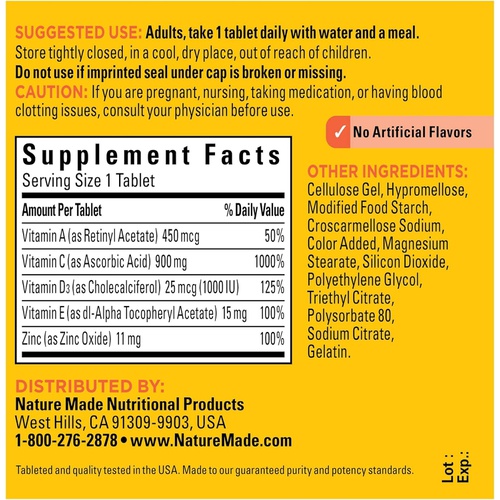  Nature Made Super C with Vitamin D3 and Zinc, Dietary Supplement for Immune Support, 60 Tablets, 60 Day Supply