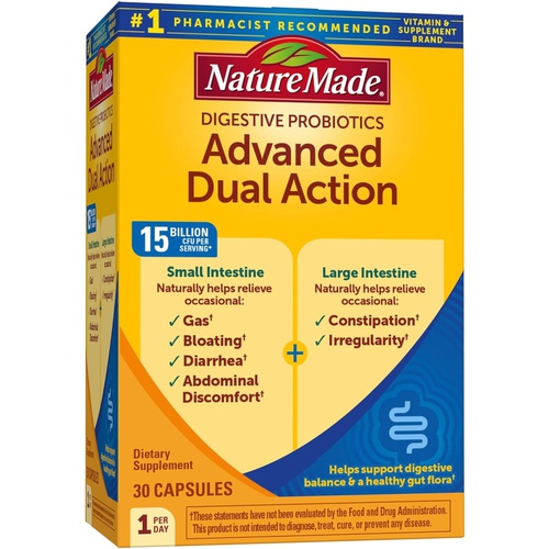  Nature Made Digestive Probiotics Advanced Dual Action, Dietary Supplement for Digestive Health Support, 30 Probiotic Capsules, 30 Day Supply