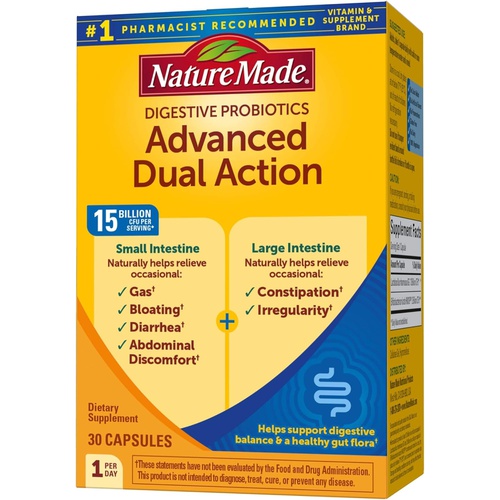  Nature Made Digestive Probiotics Advanced Dual Action, Dietary Supplement for Digestive Health Support, 30 Probiotic Capsules, 30 Day Supply