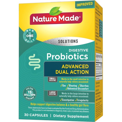  Nature Made Digestive Probiotics Advanced Dual Action, Dietary Supplement for Digestive Health Support, 30 Probiotic Capsules, 30 Day Supply