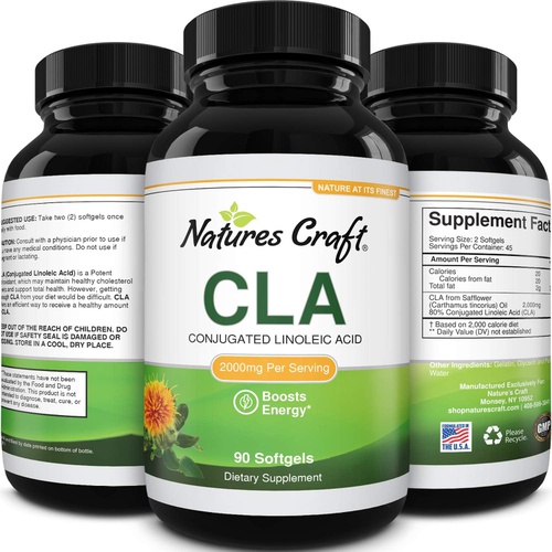  Natures Craft Conjugated Linoleic Acid CLA Supplement - CLA Safflower Oil Lean Muscle Mass Pre Workout Supplement for Men and Women for Natural Muscle Builder - 1560mg CLA Supplements with Essen