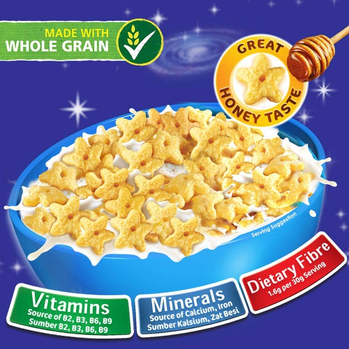  NESTLE Honey Stars Breakfast Cereal - Healthy Whole Grain Honey Taste Cereals - Source of Fiber, Iron, Calcium, Vitamins & Minerals - Imported from Malaysia, 300g