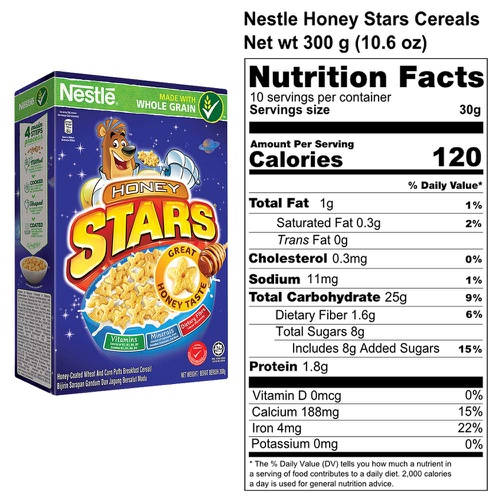  NESTLE Honey Stars Breakfast Cereal - Healthy Whole Grain Honey Taste Cereals - Source of Fiber, Iron, Calcium, Vitamins & Minerals - Imported from Malaysia, 300g
