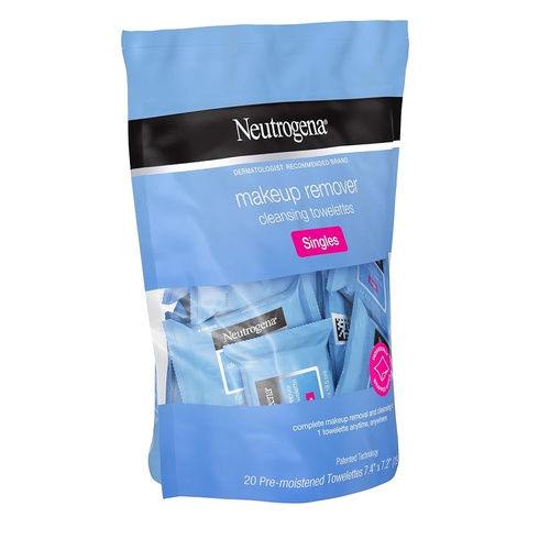  Neutrogena Makeup Remover Facial Cleansing Towelette Singles, Daily Face Wipes to Remove Dirt, Oil, Makeup & Waterproof Mascara, Gentle, Alcohol-Free, Individually Wrapped, 20 Ct