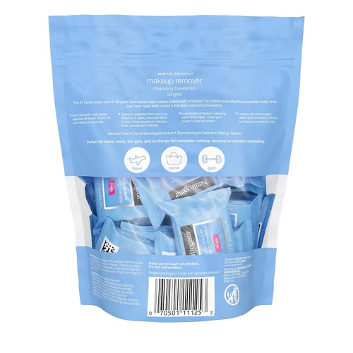  Neutrogena Makeup Remover Facial Cleansing Towelette Singles, Daily Face Wipes to Remove Dirt, Oil, Makeup & Waterproof Mascara, Gentle, Alcohol-Free, Individually Wrapped, 20 Ct