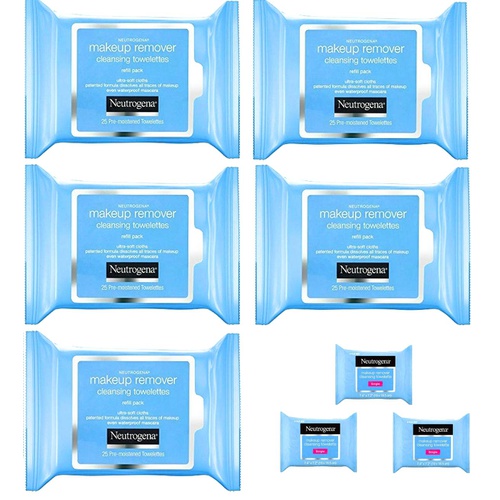  Neutrogena Makeup Remover Cleansing Towelettes, Daily Face Wipes to Remove Dirt, Oil, Makeup & Waterproof Mascara, 25 ct (5 pack + 3 Bonus Pouches)