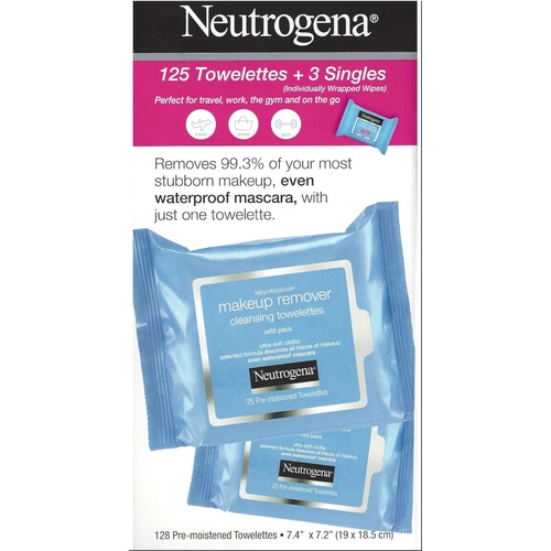  Neutrogena Makeup Remover Cleansing Towelettes, Daily Face Wipes to Remove Dirt, Oil, Makeup & Waterproof Mascara, 25 ct (5 pack + 3 Bonus Pouches)